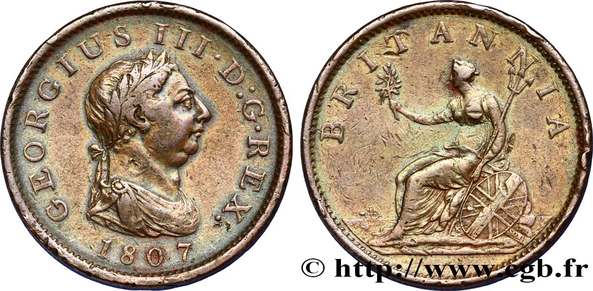 ROYAUME-UNI 1 Penny Georges III tête laurée 1807 Soho TB+ 