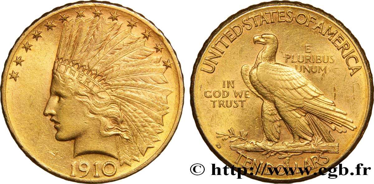 ÉTATS-UNIS D AMÉRIQUE 10 Dollars or  Indian Head , 2e type 1910 Denver TTB+ 
