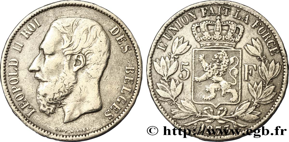 BELGIQUE Faux 5 Francs Léopold II en étain 1873  TB 