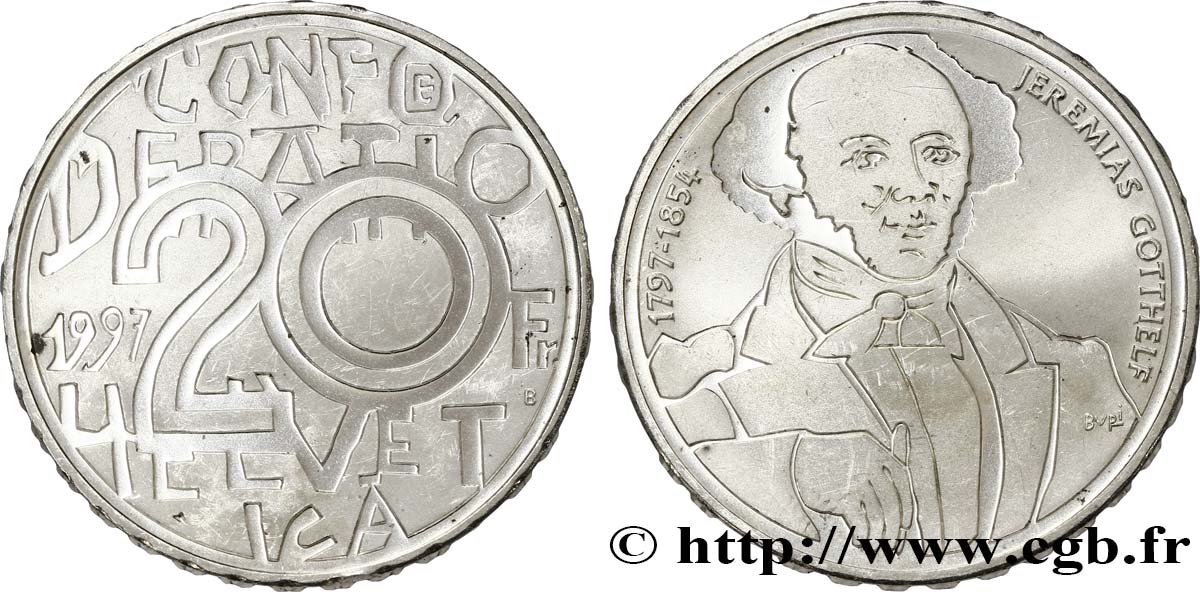 SUISSE 20 Francs BE 200e anniversaire de l’écrivain bernois Jeremias Gotthelf 1997 Berne - B SPL 