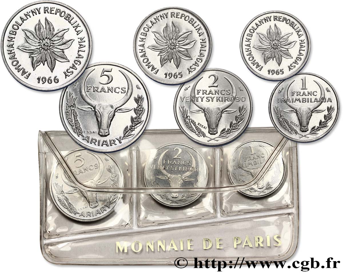 MADAGASCAR Essais de 5, 2 et 1 Francs 1965-1966 Paris MS 