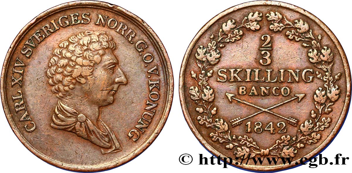 SUÈDE 2/3 Skilling banco Charles XIV 1842  TTB 