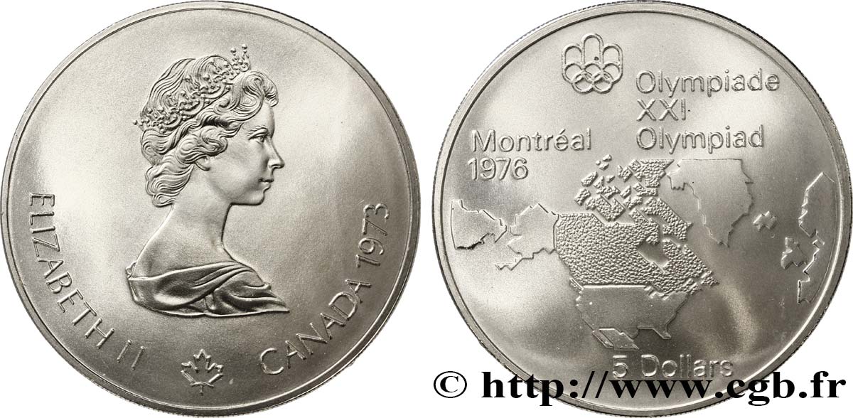 CANADA 5 Dollars JO Montréal 1976 carte de l’Amérique du Nord / Elisabeth II 1973  FDC 