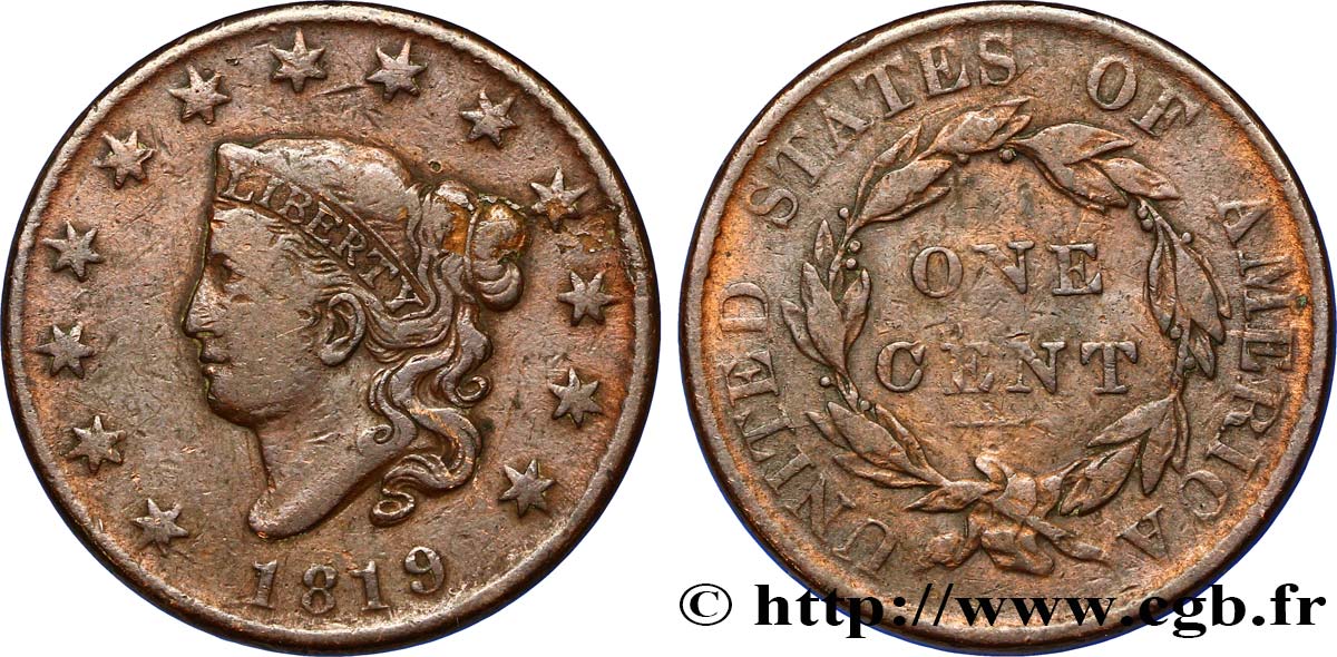STATI UNITI D AMERICA 1 Cent “Matron Head” variété à petite date 1819 Philadelphie q.MB