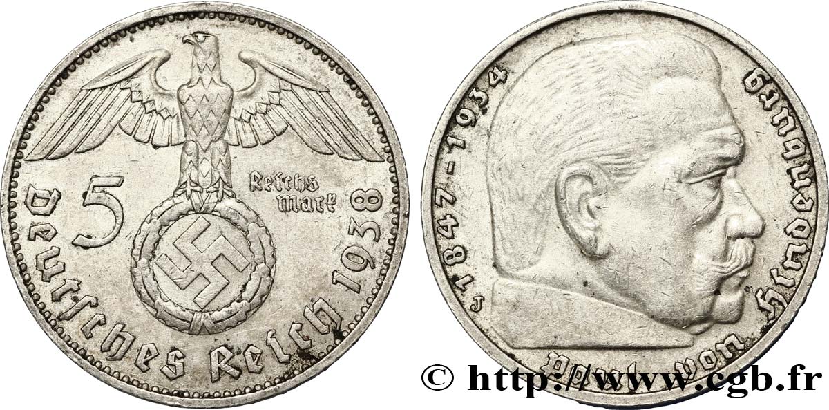 ALLEMAGNE 5 Reichsmark Aigle / Maréchal Paul von Hindenburg 1938 Hambourg TTB+ 