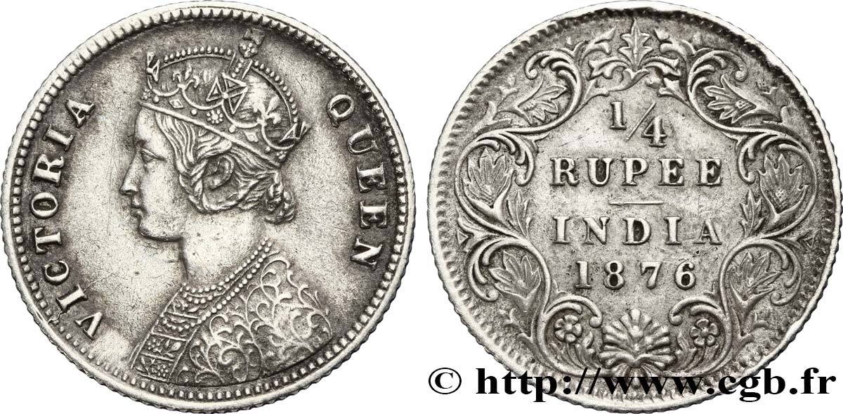 INDES BRITANNIQUES 1/4 Roupie Victoria 1876 Calcutta TTB 