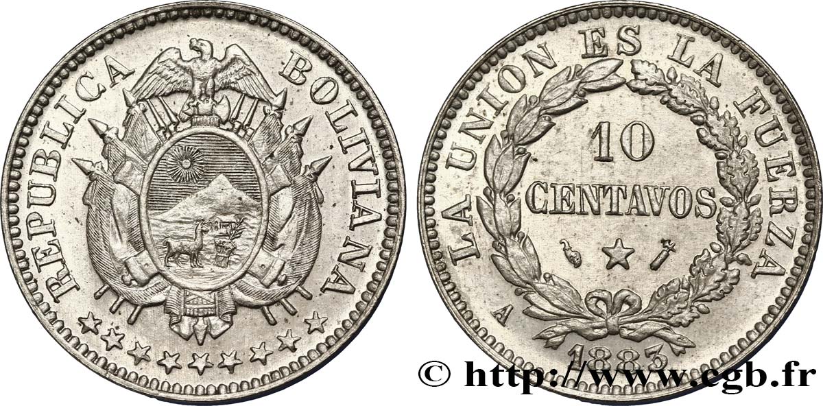 BOLIVIE 10 Centavos emblème de la Bolivie 1883 Paris SPL 
