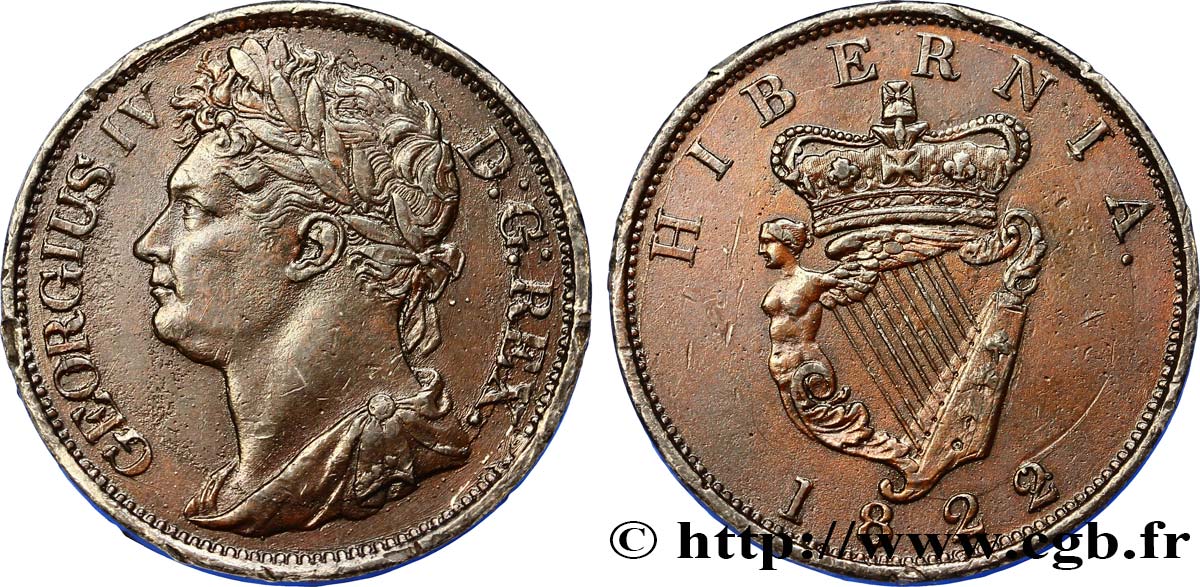 IRLANDE 1 Penny Georges IV / harpe (faux en étain bronzé) 1822  TTB 