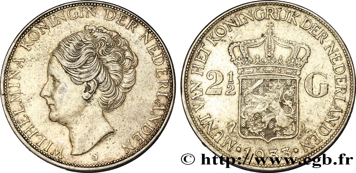 PAYS-BAS 2 1/2 Gulden Wilhelmina 1933  TTB+ 