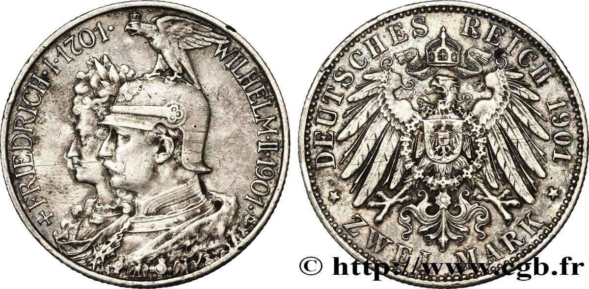 ALLEMAGNE - PRUSSE 2 Mark Royaume de Prusse Guillaume II 200e anniversaire de la Prusse / aigle.. 1901 Berlin TTB 