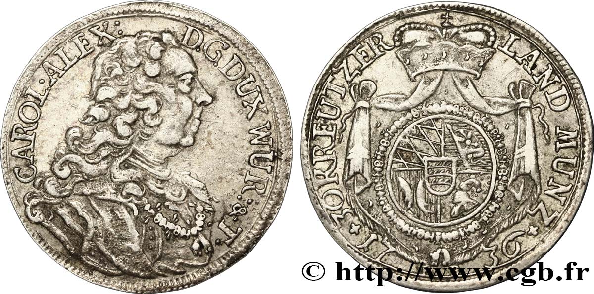 ALLEMAGNE - WURTEMBERG 30 Kreuzer (1/2 Gulden ou1/3 Thaler 1736 Stuttgart TTB 