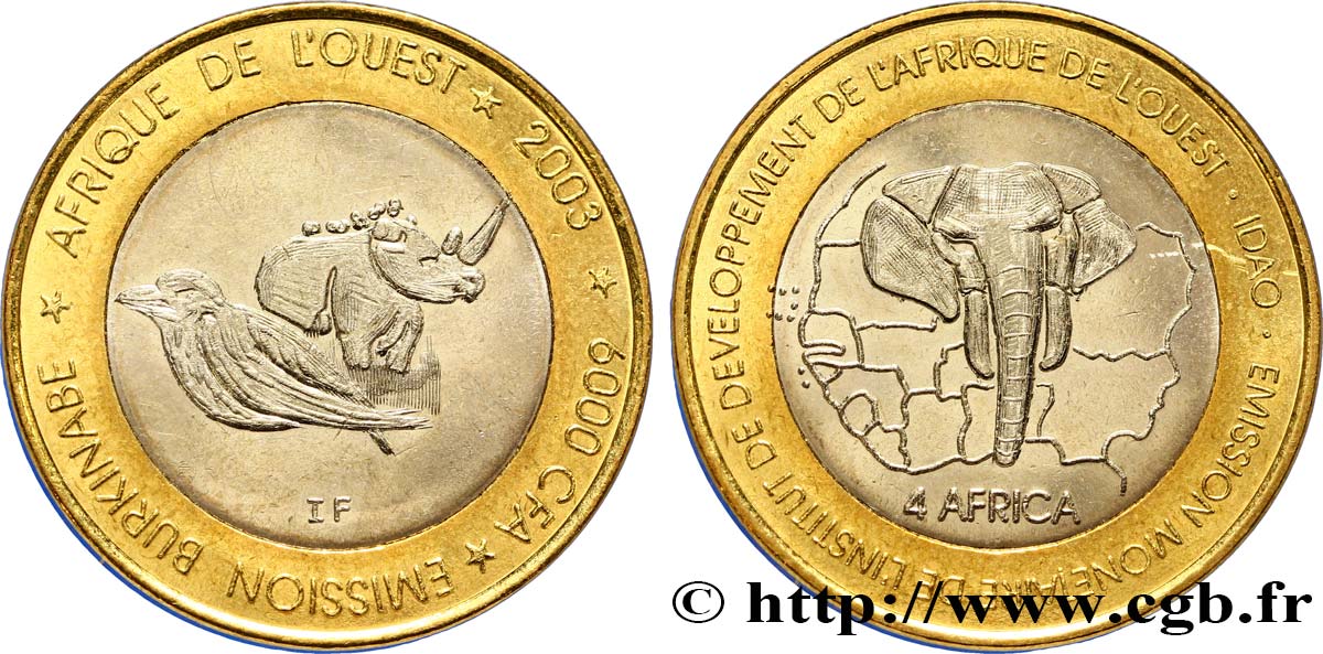 BURKINA FASO 6000 Francs oiseau et rhinocéros 2003  SPL 