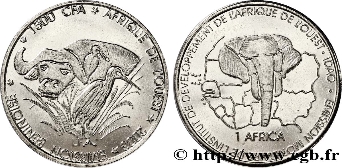 BÉNIN 1500 Francs CFA buffle 2003  SPL 