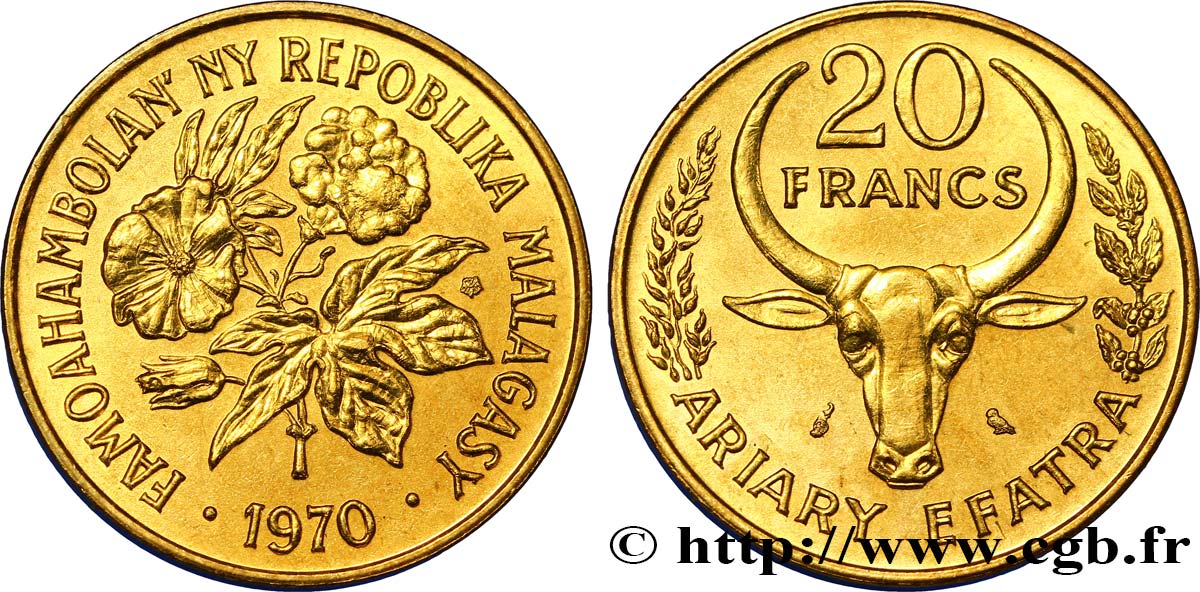 MADAGASCAR 20 Francs - 4 Ariary buffle / fleurs 1970 Paris MS 