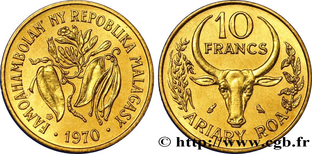MADAGASCAR 10 Francs - 2 Ariary buffle / fleurs 1970 Paris SPL 