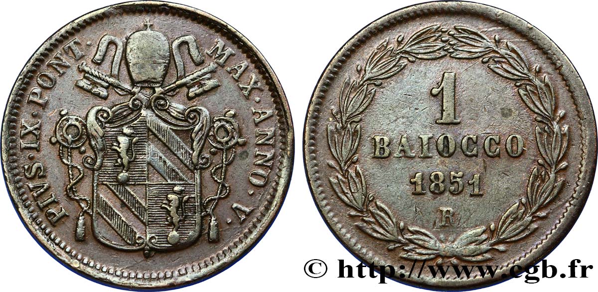 VATICAN ET ÉTATS PONTIFICAUX 1 Baiocco Pie IX an V 1851 Rome TTB 