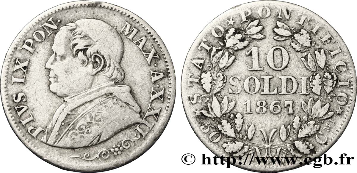 VATICAN AND PAPAL STATES 10 Soldi 1867 Rome XF 