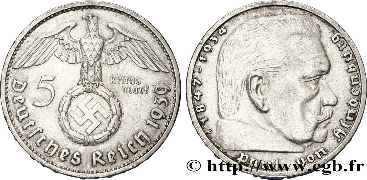 ALLEMAGNE 5 Reichsmark aigle / Maréchal Paul von Hindenburg 1939 Vienne TTB+ 