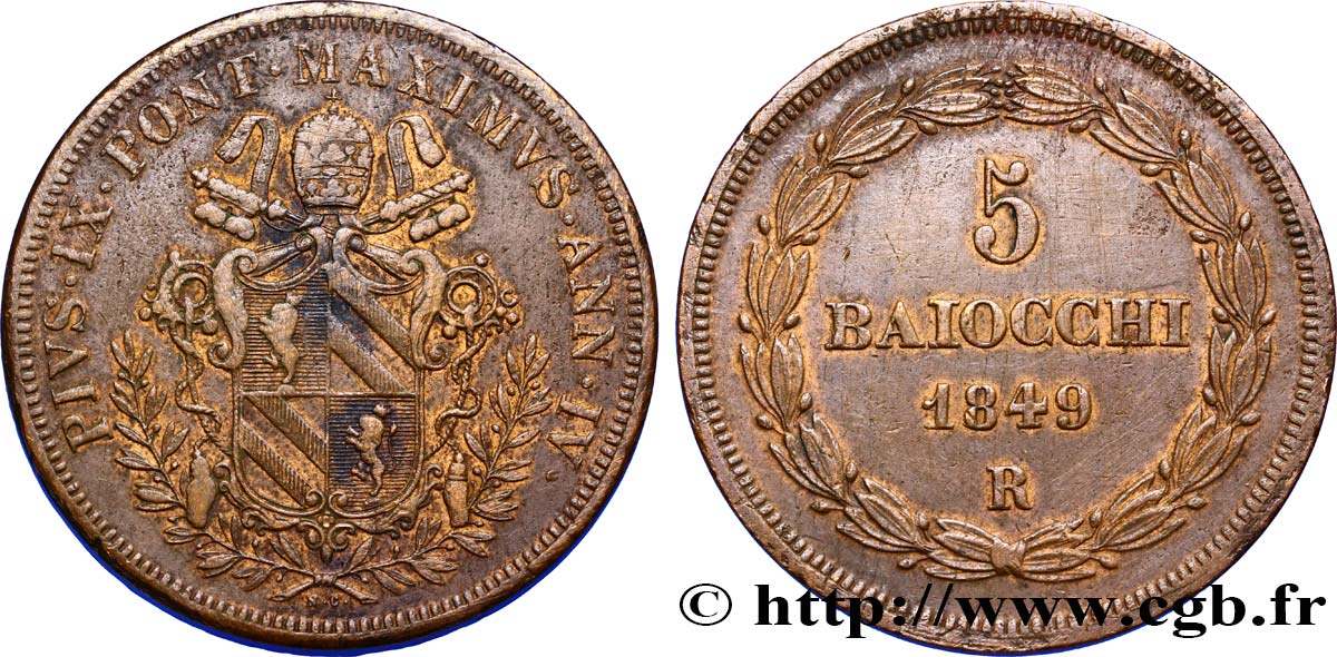 VATICAN AND PAPAL STATES 5 Baiocchi 1849 Rome AU 
