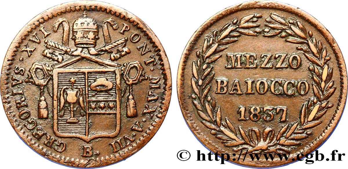 VATICAN AND PAPAL STATES 1/2 Baiocco au nom de Grégoire XVI an VII 1837 Bologne XF 