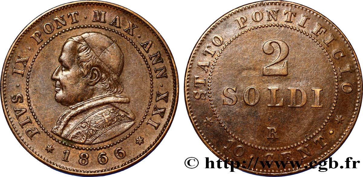 VATICAN AND PAPAL STATES 2 Soldi 1866 Rome AU 