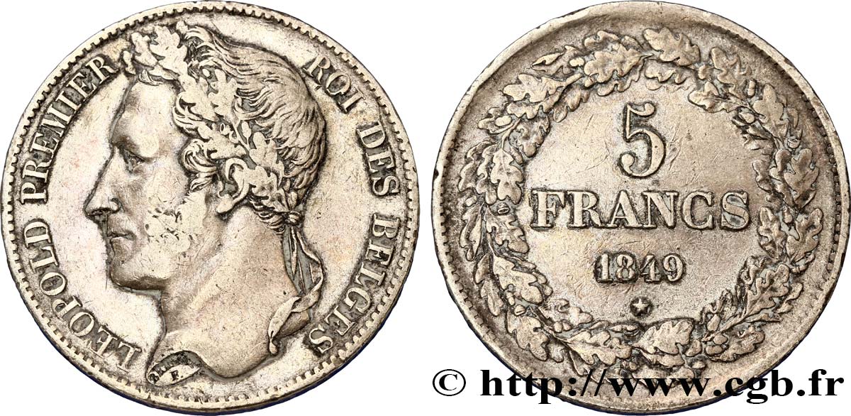 BELGIQUE 5 Francs Léopold Ier tête laurée 1849  TB+ 