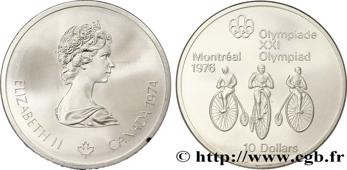 CANADA 10 Dollars JO Montréal 1976 cyclisme : grand bi / Elisabeth II 1974  FDC 