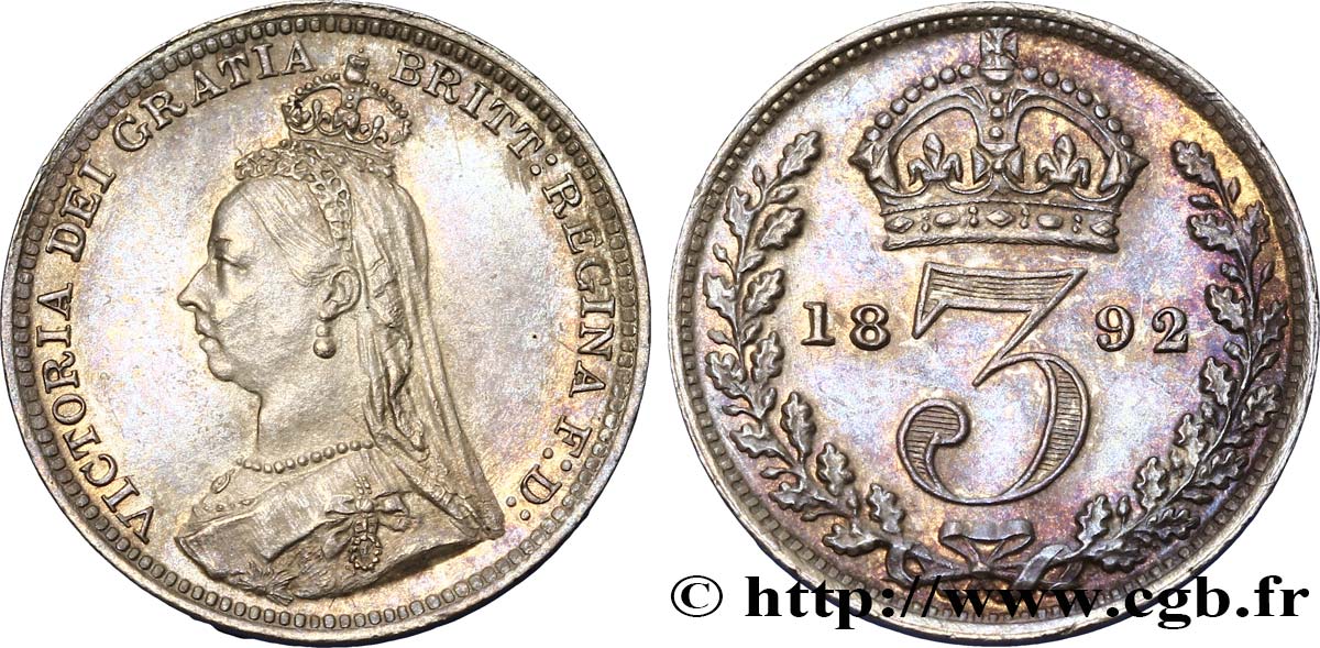 ROYAUME-UNI 3 Pence Victoria buste du jubilé 1892  SPL 