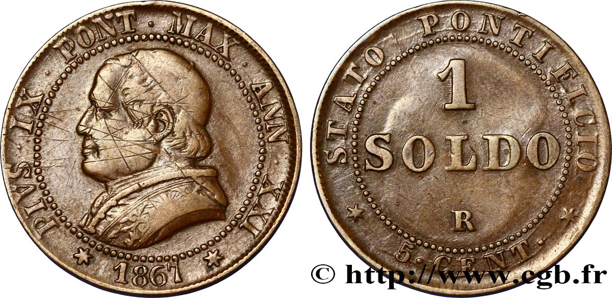 VATICAN AND PAPAL STATES 1 Soldo 1867 Rome VF 