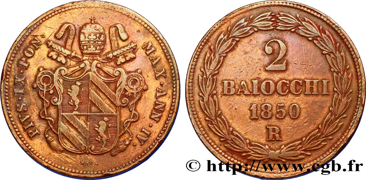 VATICAN AND PAPAL STATES 2 Baiocchi 1850 Rome XF 