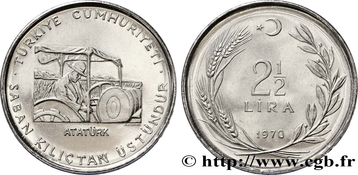 TURCHIA 2 1/2 Lira FAO : Atatürk conduisant un tracteur 1970  MS 