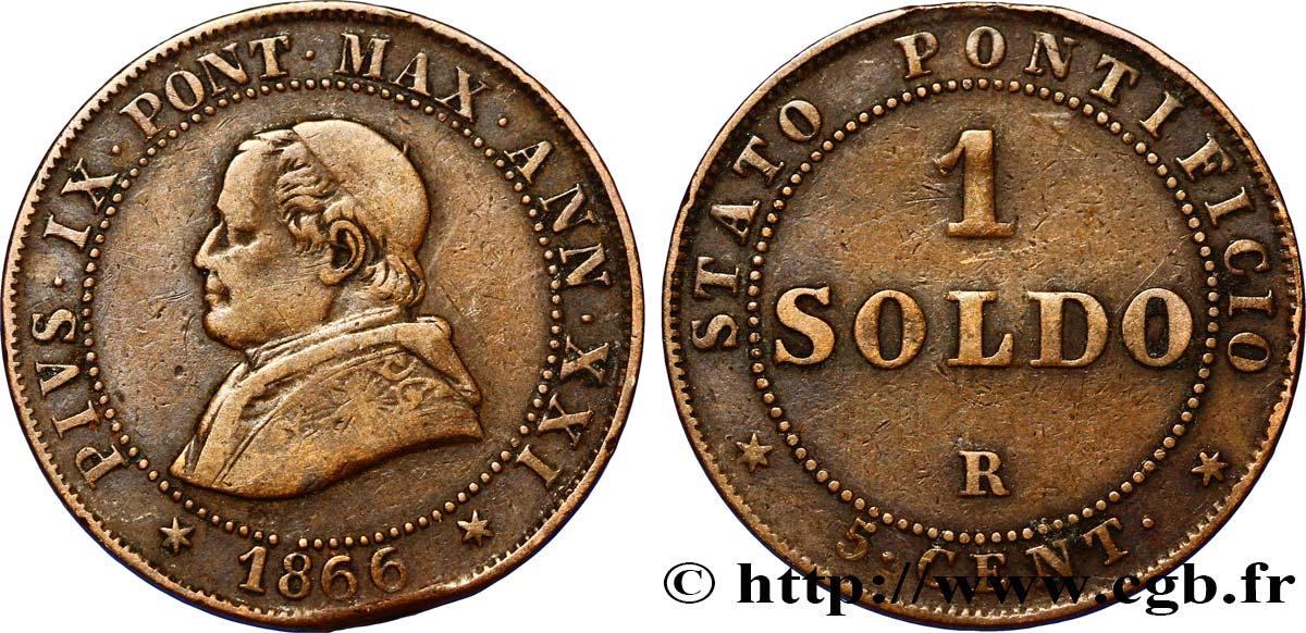 VATICAN AND PAPAL STATES 1 Soldo 1866 Rome VF 