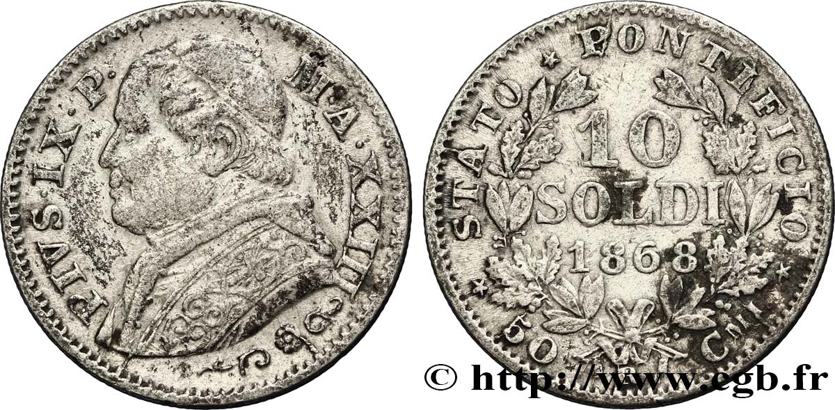 VATICAN AND PAPAL STATES 10 Soldi (50 Centesimi) 1868 Rome VF 