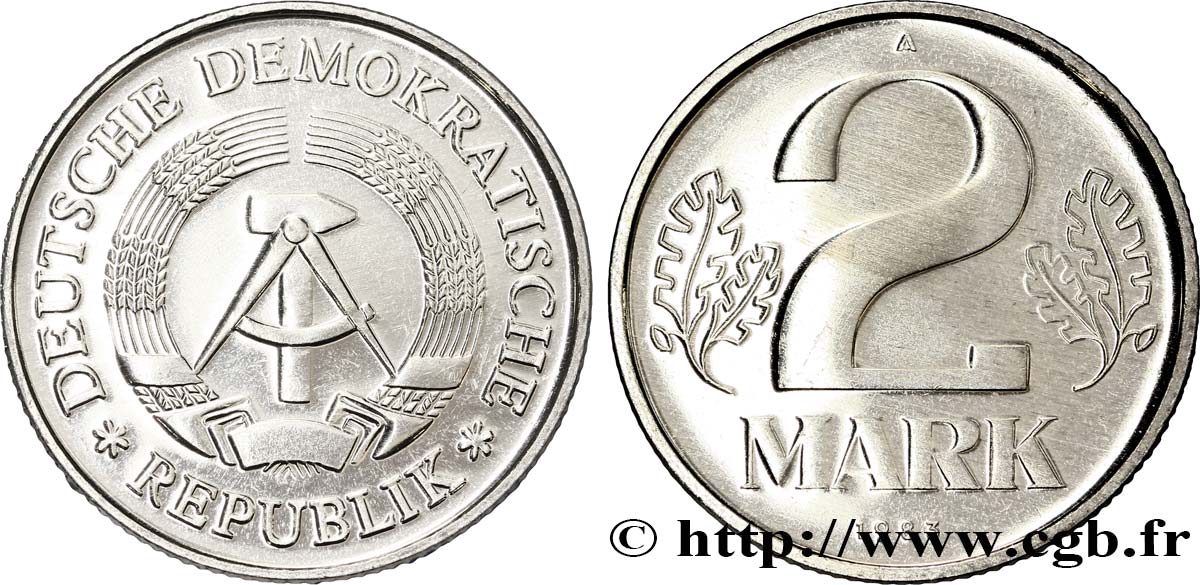 ALLEMAGNE RÉPUBLIQUE DÉMOCRATIQUE 2 Mark emblème de la RDA 1983 Berlin SPL 