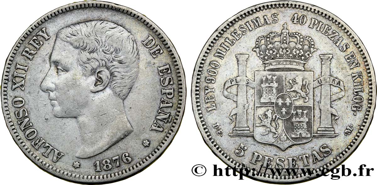 SPAIN 5 Pesetas Alphonse XII 1876 Madrid VF 