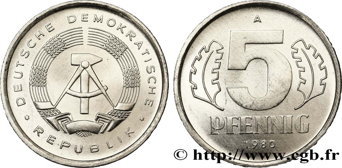 ALLEMAGNE RÉPUBLIQUE DÉMOCRATIQUE 5 Pfennig emblème de la RDA 1980 Berlin SPL 