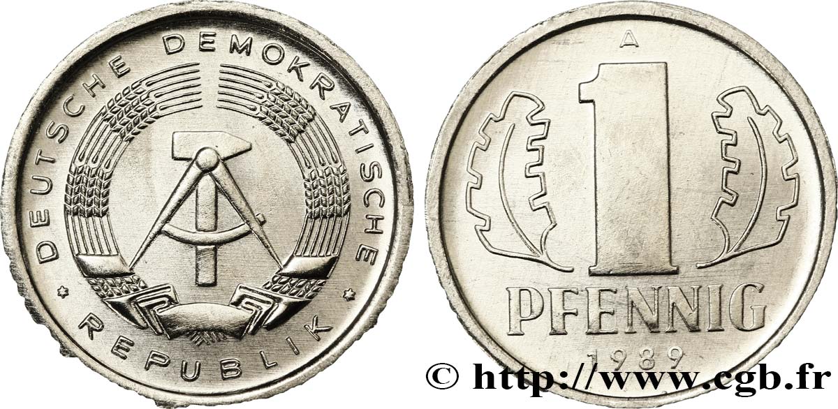 ALLEMAGNE RÉPUBLIQUE DÉMOCRATIQUE 1 Pfennig emblème de la RDA 1989 Berlin SPL 