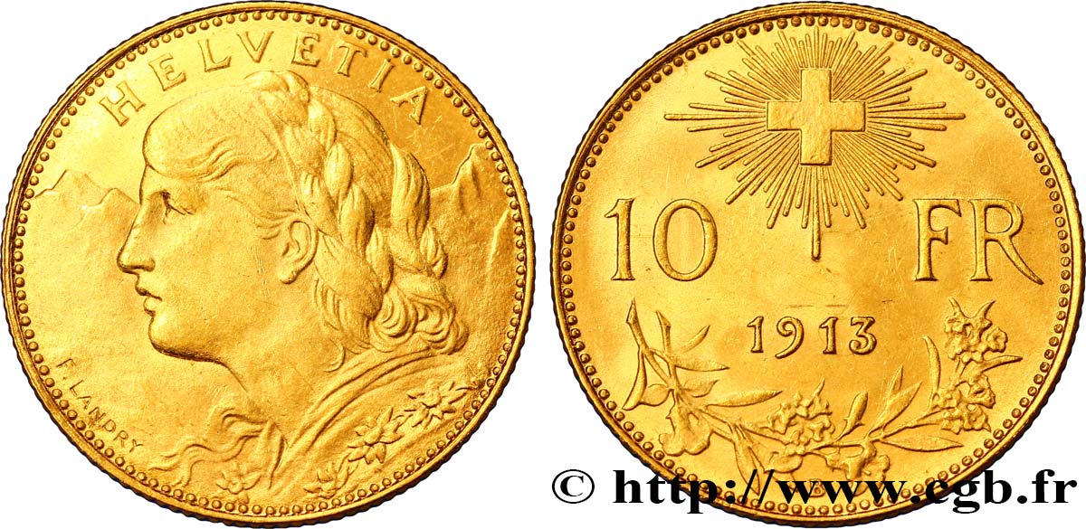SUISSE 10 Francs or  Vreneli  Buste diadémé d Helvetia / Croix suisse 1916 Berne - B SUP 