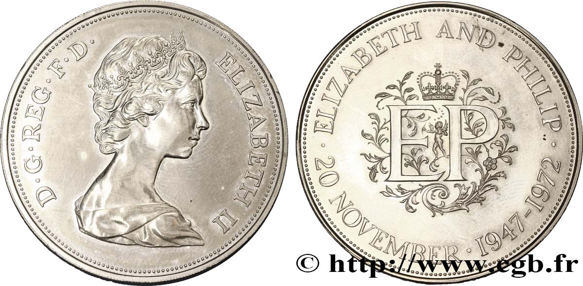 ROYAUME-UNI 25 New Pence (1 Crown) 25e anniversaire de mariage d’Elisabeth II 1972  SUP 