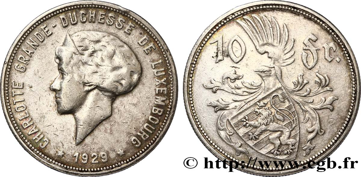 LUXEMBOURG 10 Francs Princesse Charlotte 1929  TB+ 