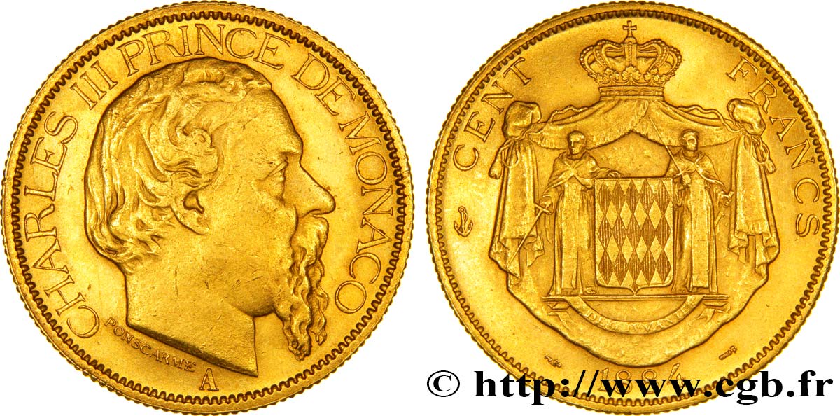 MONACO 100 Francs or Charles III / écu couronné 1884 Paris TTB 
