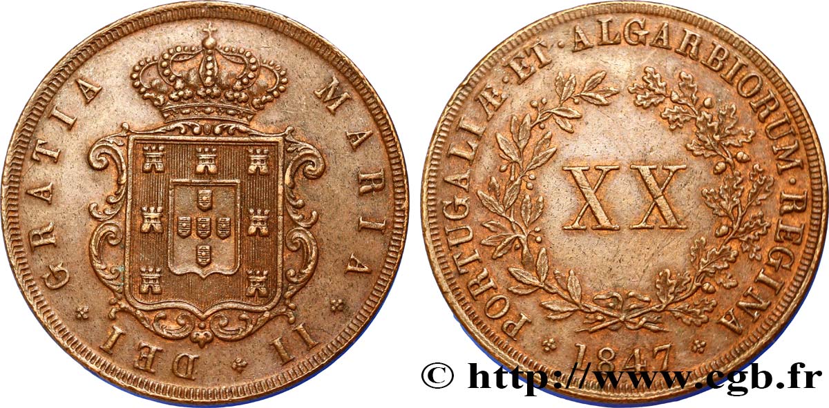 PORTUGAL 20 Réis au nom de Marie II (Maria) 1847  TTB+ 