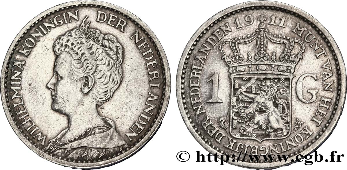 PAYS-BAS 1 Gulden Wilhelmina 1911  TTB 