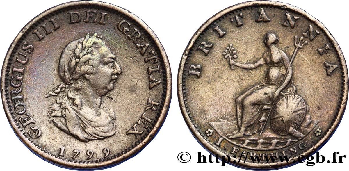 ROYAUME-UNI 1 Farthing Georges III tête laurée 1799 Soho TTB 