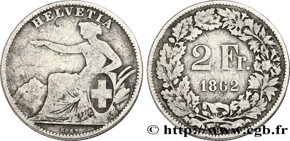 SUISSE 2 Francs Helvetia 1862 Berne - B TB/TTB 