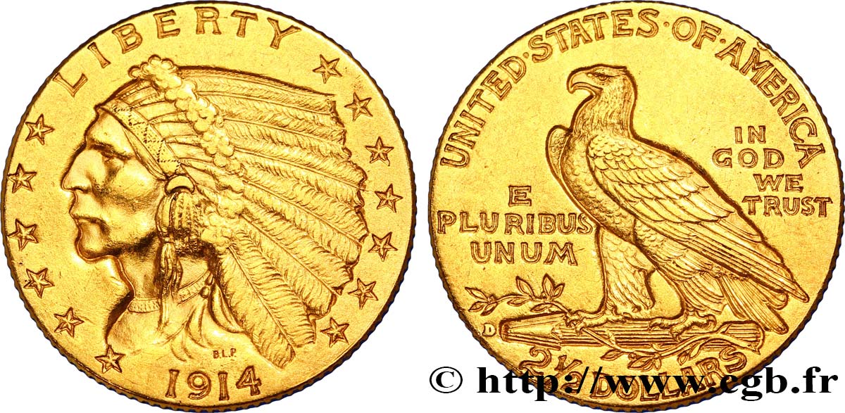 ÉTATS-UNIS D AMÉRIQUE 2 1/2 Dollars or (Quarter Eagle) type “tête d’indien”  1914 Denver TTB+ 