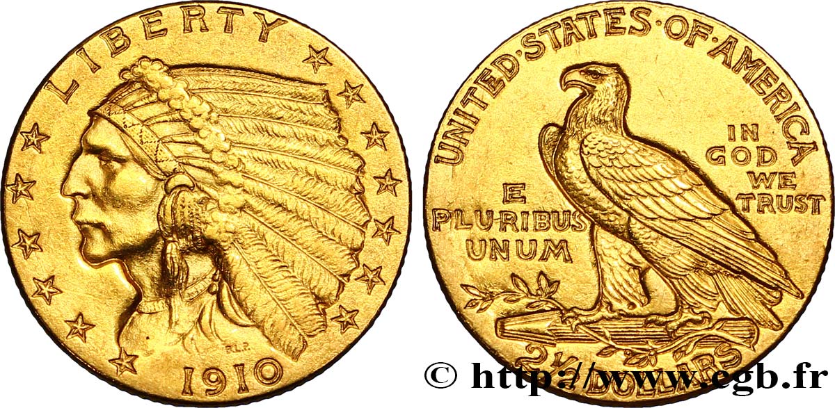 UNITED STATES OF AMERICA 2 1/2 Dollars or (Quarter Eagle) type “tête d’indien”  1910 Philadelphie AU 