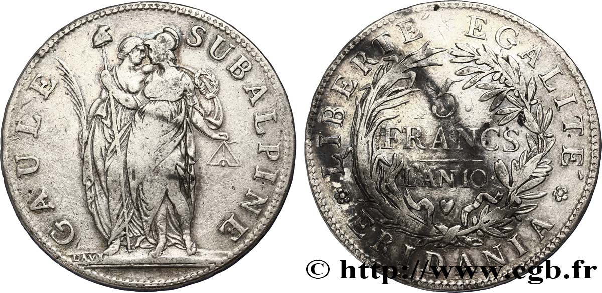 ITALIE - RÉPUBLIQUE SUBALPINE 5 Francs Gaule Subalpine figures allégoriques de la Gaule Subalpine et de la France 1801 an 10 Turin TB 