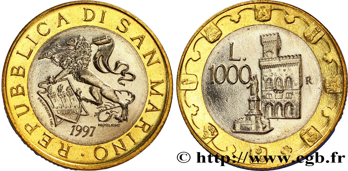 SAINT-MARIN 1000 Lire lion héraldique / le Palazzo Publico 1997 Rome - R SPL 