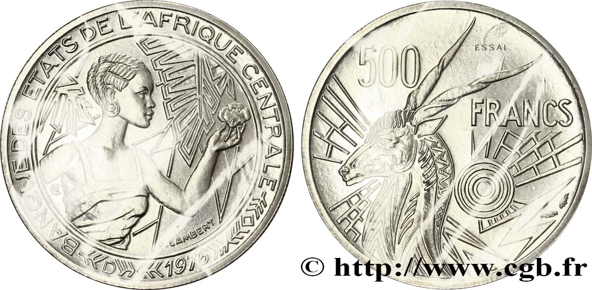 ESTADOS DE ÁFRICA CENTRAL
 Essai de 500 Francs femme / antilope lettre ‘D’ Gabon 1976 Paris FDC 